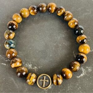 Tiger Eye & Cross Stacking Stretch Bracelet 6.5"